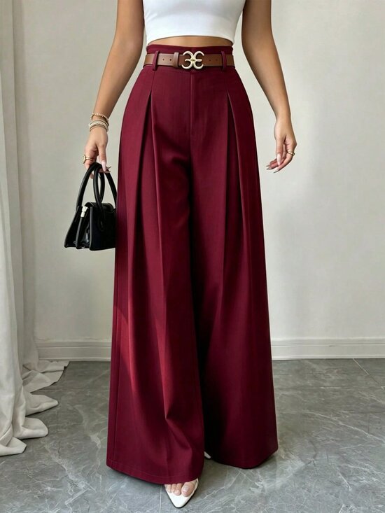 Pants - Burgundy Elegant Women's Pleated Wide Leg Long Pants